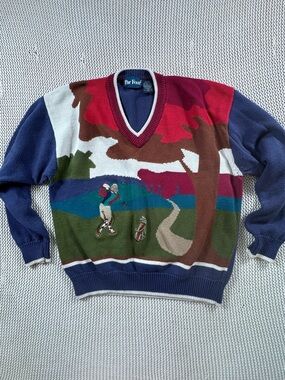 Vintage Par Four Golf Knit Sweater XL V-Neck Embroidered Scene Ramie 90s
